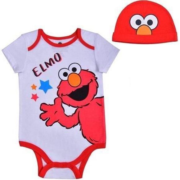 Sesame Street Babys Short Sleeve Onesie with Cap  Elmo Bodysuit  Play - Picture 1 of 1